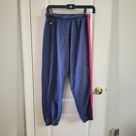 Aviator Nation 5 Stripe Sweatpants Heather Navy Neon Rainbow Size XS - Picture 1 of 13